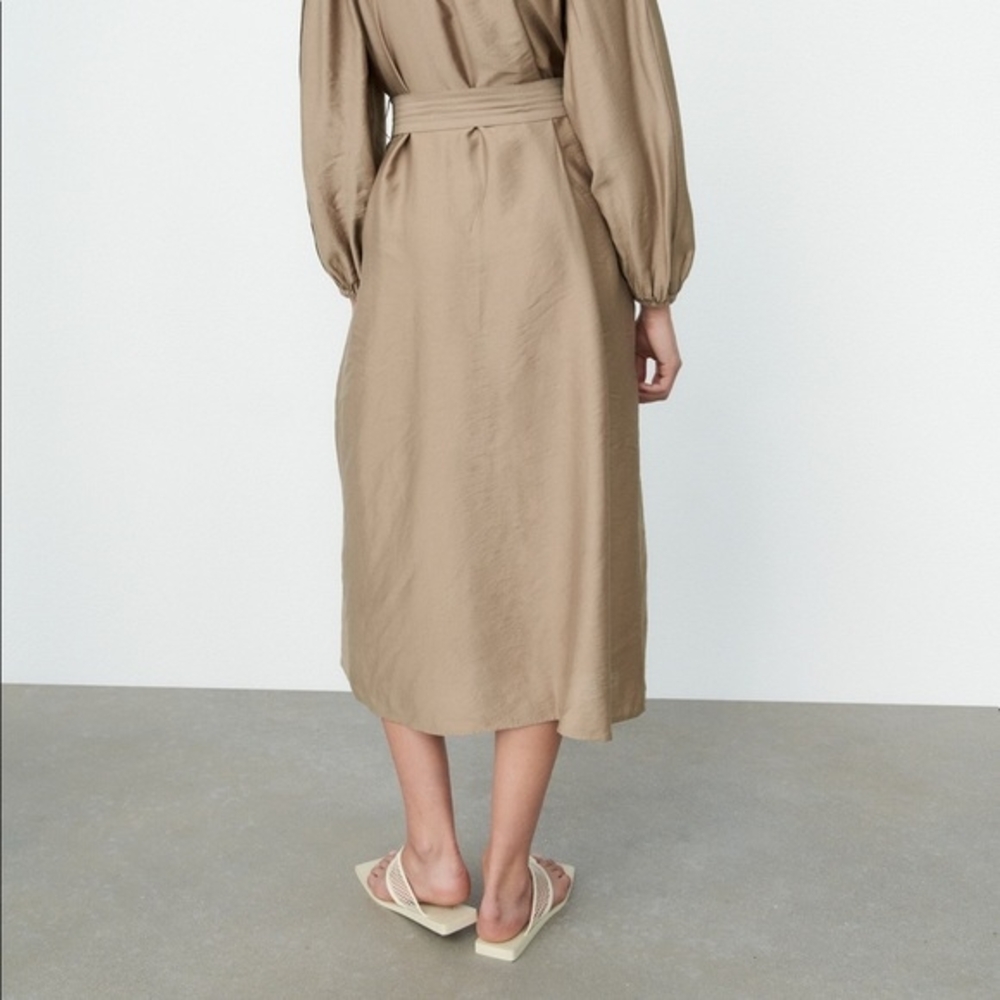 Zara NWT 🏷️ Khaki A-Line Dress With Belt Long Sleeves Room To Move XL - Picture 8 of 11